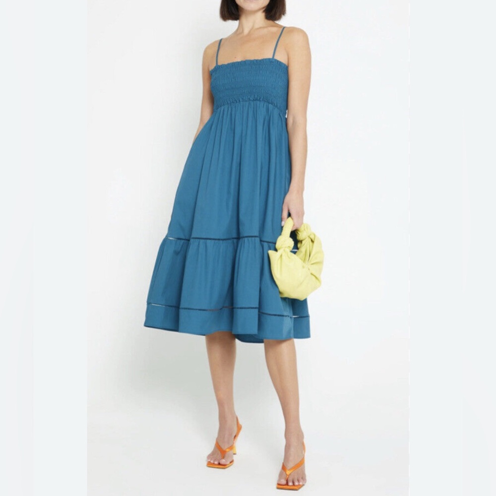 O.P.T OPT One Pretty Time Cotton Leila Teal Midi Dress Size M Smocked w/pockets